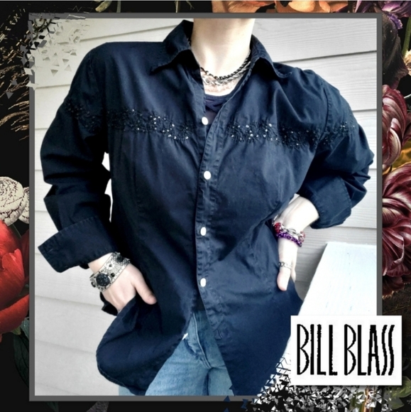 bill blass Tops - Vintage BILL BLASS Jeanswear Sequin Embroidered Casual Cotton Button-down